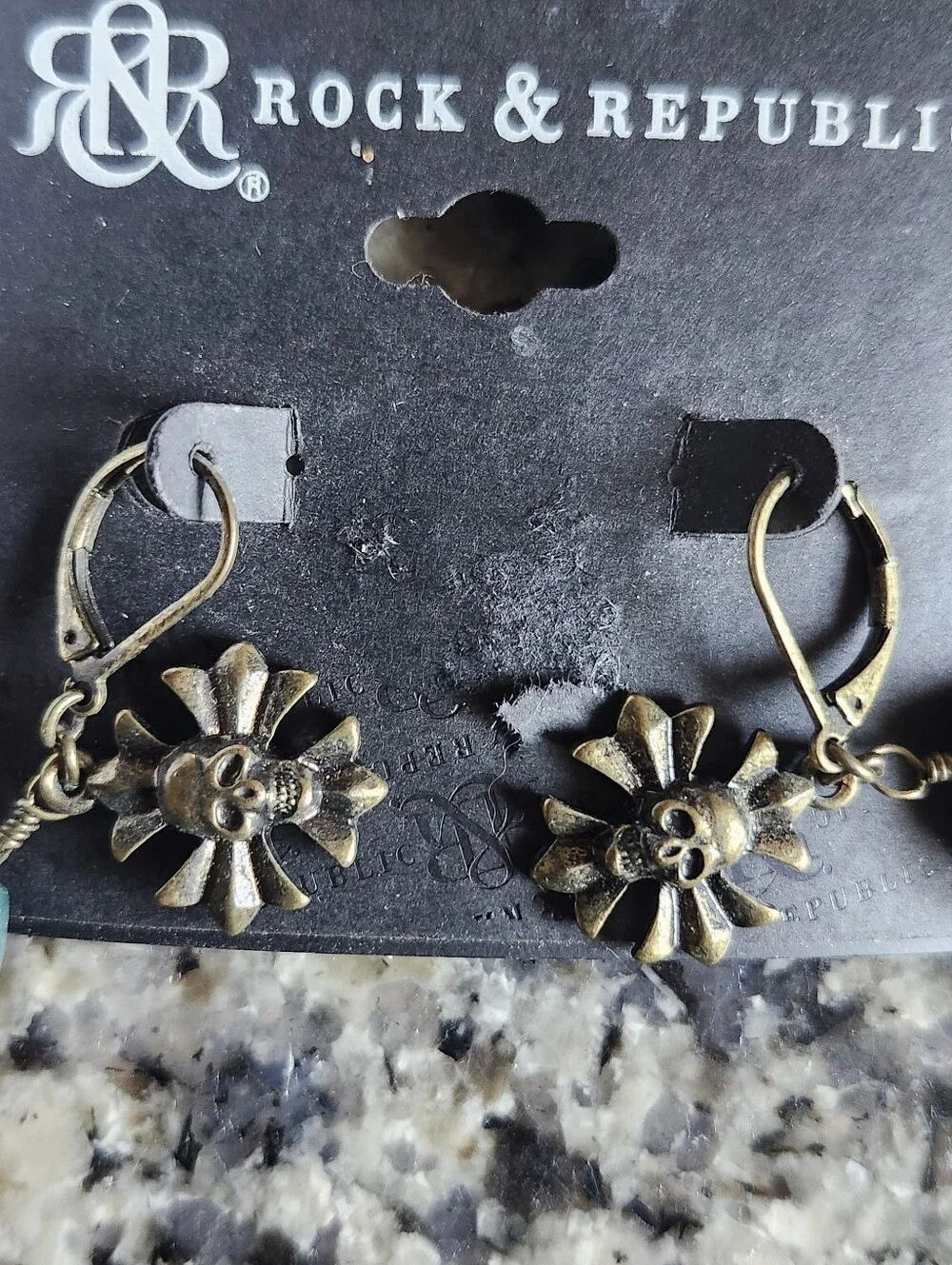 Rock & Republic Teal Faceted Teardrop Earrings with Skull Flower Accents